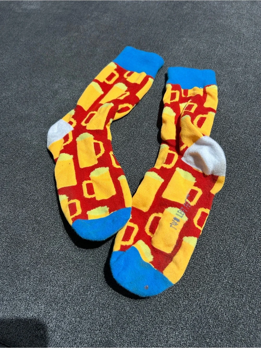 Bright Beer Mug Pattern Crew Socks - Yellow & Red- worn once- women’s 5-10